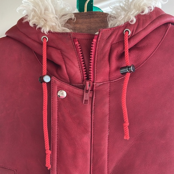 Red Leather Shearling lined coat vintage hooded anorak parka - Picture 4 of 11